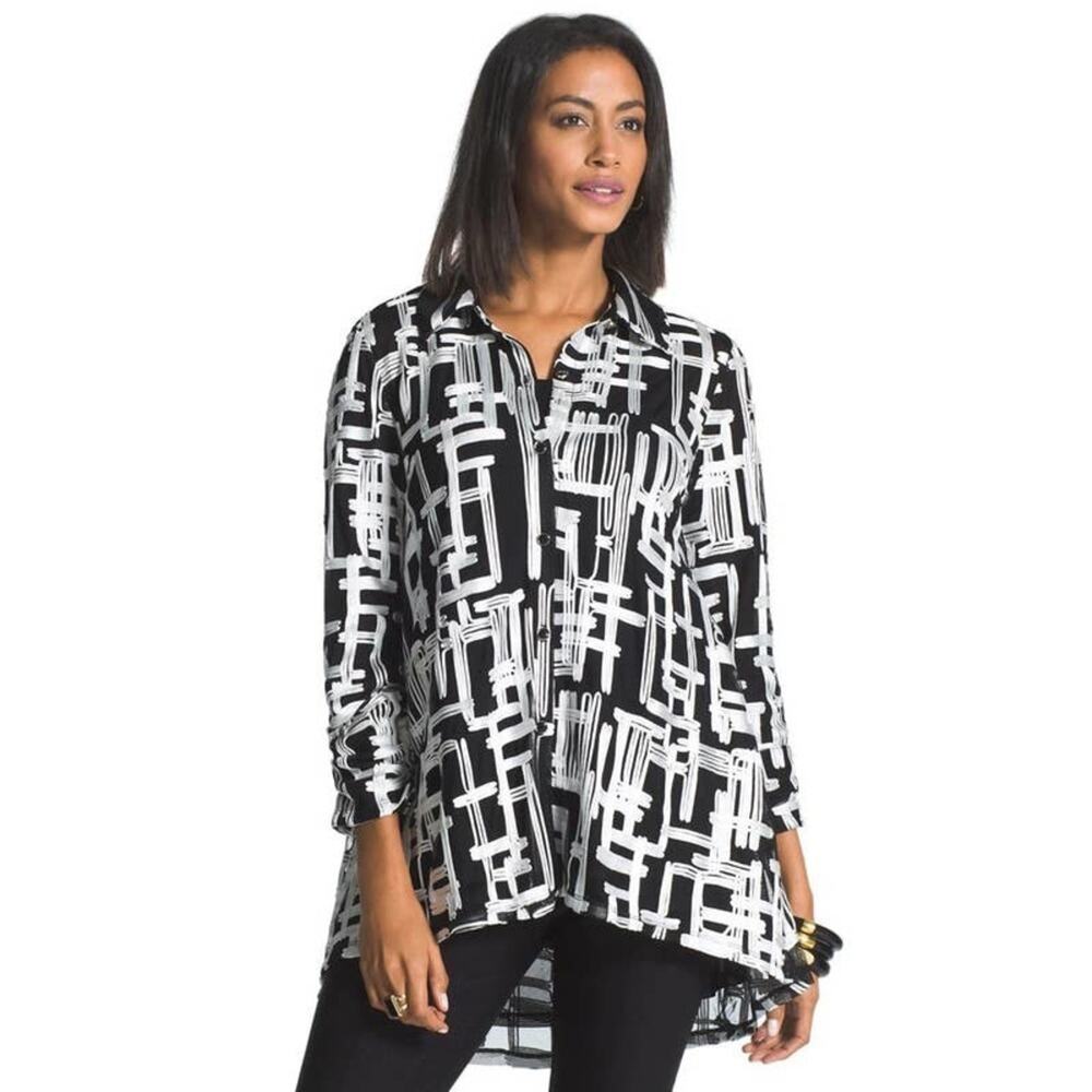 Chico's Applique Semi Sheer Mesh Geometric abstract plaid Mesh Jacket Shacket 1